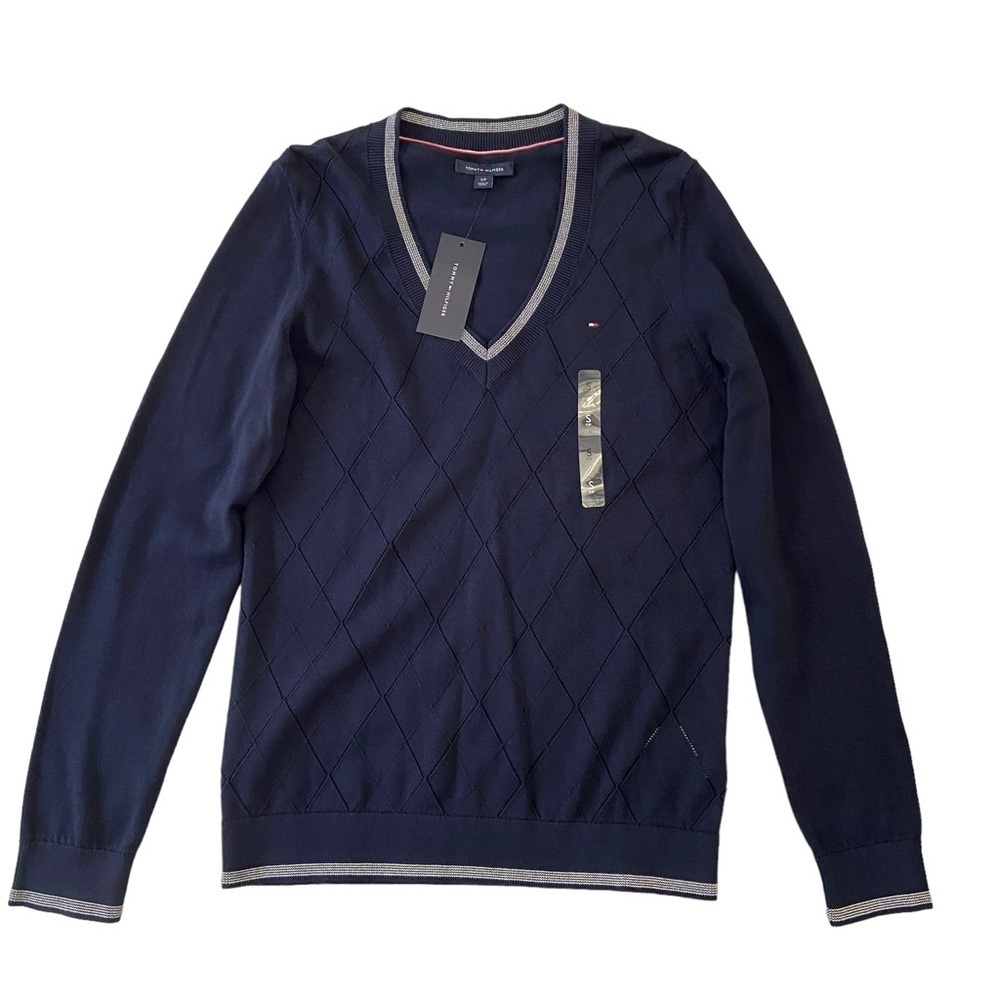 Tommy Hilfiger delicate sweater knit navy blue white 100% cotton V neckline smal
